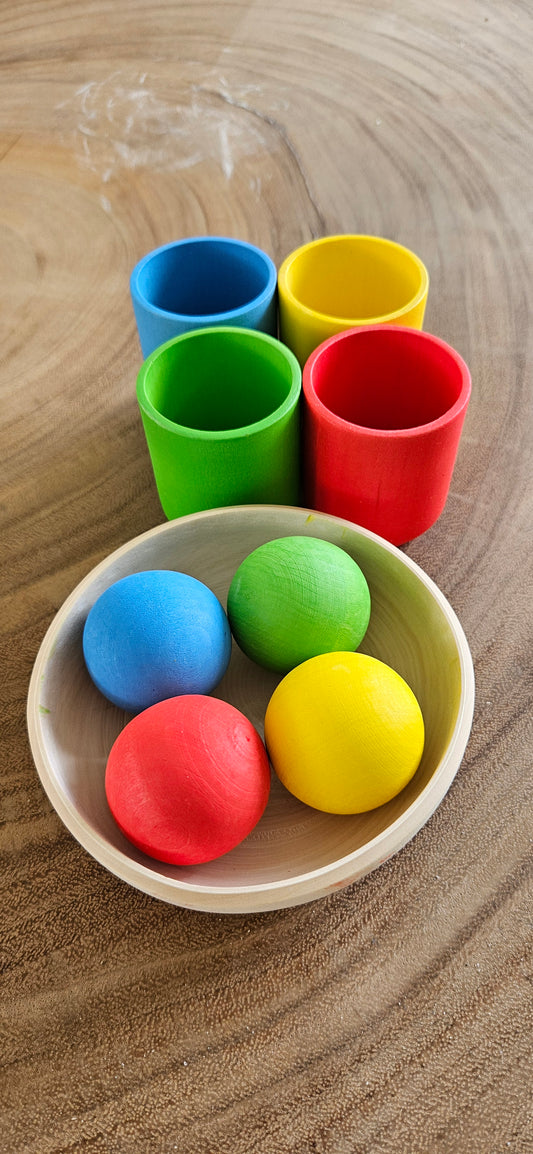 Houten Montessori ballen in bekers-loose parts