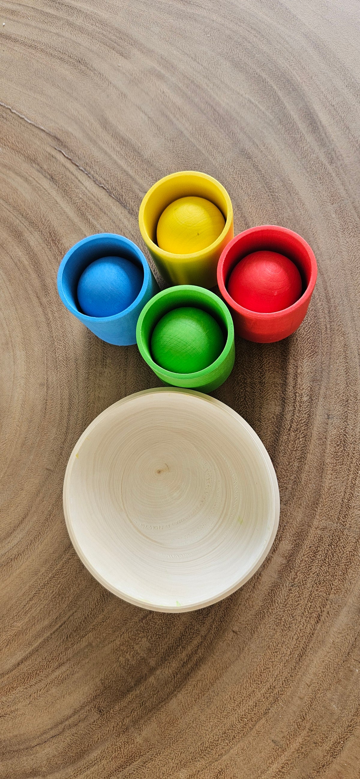 Houten Montessori ballen in bekers-loose parts